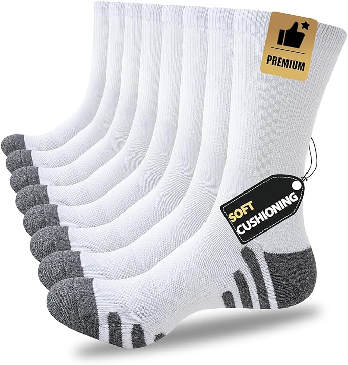 JOYNÉE 8 Pairs Mens Crew Athletic Work Long Socks Calf Cushioned Socks for Sports Running Workout Gym