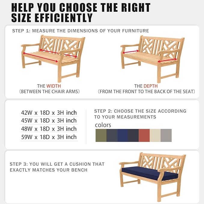 Favoyard Outdoor Bench Cushion 45 x 18 Inch Waterproof Patio Furniture Cushions 3-Year Color Fastness Garden Sofa Settee Couch Swing Pads with Handle and Adjustable Straps, Blue