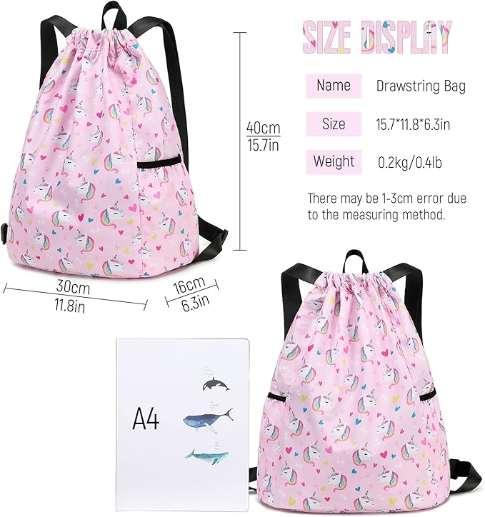 Unicorn Gym Drawstring Backpack, Sports Gym Bag for Girls Kids Waterproof Swimming Beach Sackpack Birthday Christmas Gift with Water Bottle Pocket Pink