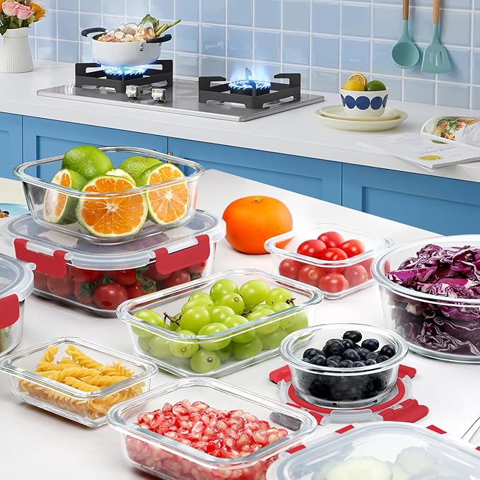 VERONES 30 Pieces Glass Meal Prep Containers Set, Stackable Glass Food Storage Containers with Lids-Airtight Glass Lunch Containers，for Microwave, Oven, Freezer & Dishwasher,Red