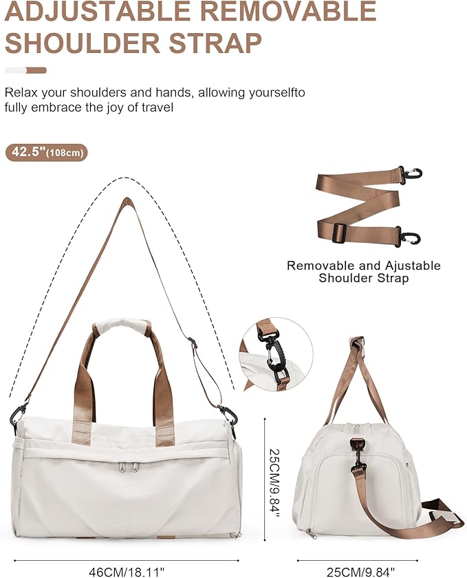 Gym Bag for Women Men with Shoe Compartment, Sport Duffel Bag, Waterproof Travel Weekender Overnight Carry on Bag for Yoga with Trolley Sleeve, Beige Brown