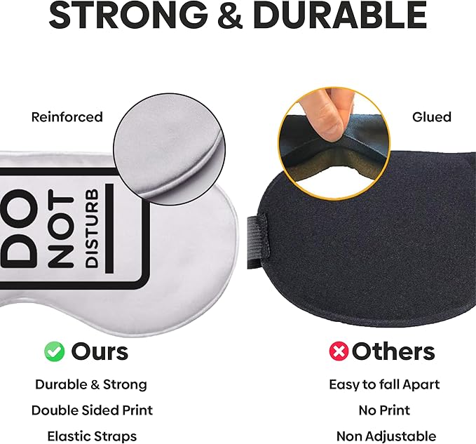 VITYA Silver Do Not Disturb/Wake Me Up Double-Sided Silk Sleep Mask for Women/Men | Light Blocking | Soft Breathable Sleep Eye Mask for Traveling on Airplane | Eye Mask with Elastic Strap (Silver)