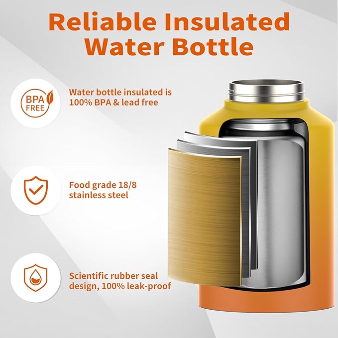 1 Gallon Water Bottle Insulated(Cold for 48 Hrs),BPA Free&Leak Proof,128oz Stainless Steel Water Jug,Big thermo,Large Water Bottle with Handle for Gym,Hiking,Camping&Travel,Gradual Yellow