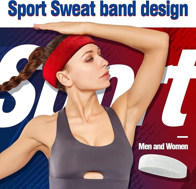 Sweatbands Sports Headband for Men & Women, Moisture Wicking Hairband Athletic Towel Headbands Cotton Head Sweat Bands for Running, Cycling, Yoga, Spa