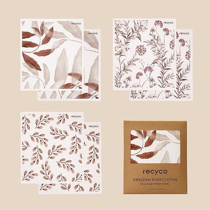 RECYCO Swedish Dishcloths for Kitchen | 6 Pack Watercolor Florals Washable Dish Rags | Cellulose Reusable Cleaning Paper Towels | Absorbent Counter Dish Cloth Sponge Kitchen Wipes, 8" L x 7" W