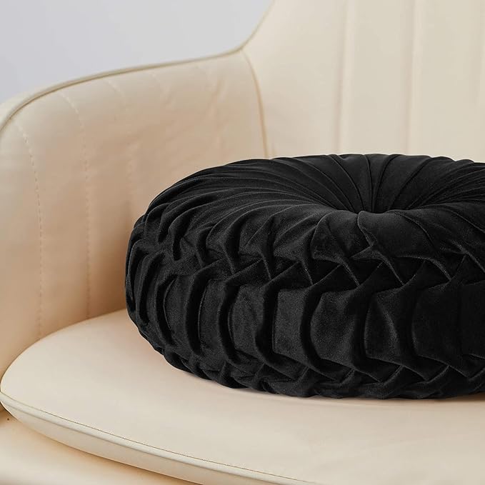 HIG Set of 2 Decorative Round Pleated Throw Pillows, Classy Accent Pumpkin Throw Pillows with Center Button, Vintage Velvet Floor Pillows for Sofa Vanity Chair Bed, Black, 14.5" Diameter(Ripple)