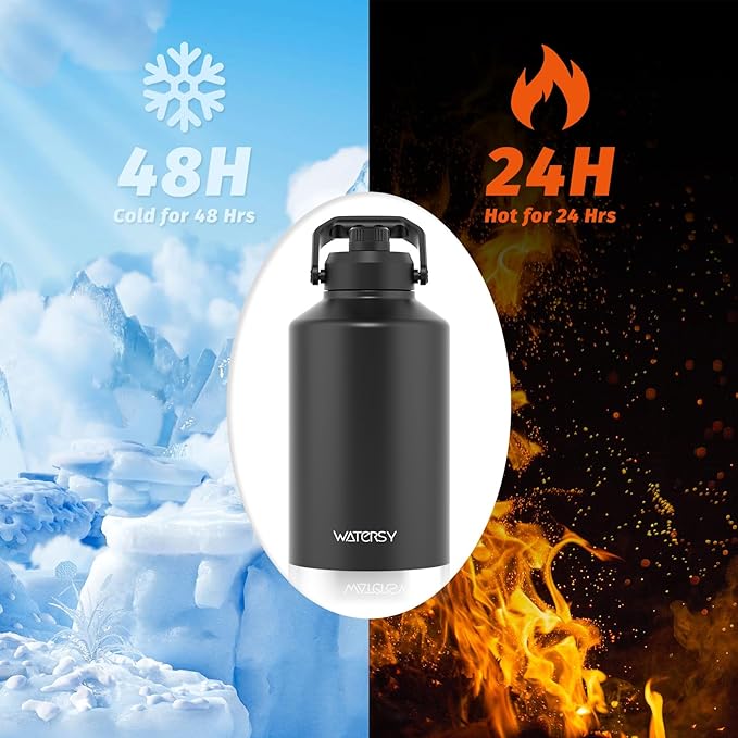 1.5 Gallon Water Bottle Insulated(Cold for 48 Hrs),BPA Free&Leak Proof,196oz Stainless Steel Water Jug,Big thermos,Large Water Bottle with Handle for Gym,Hiking,Camping&Travel,Black
