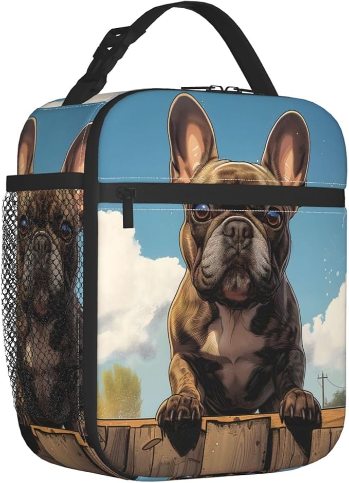 French Bulldog Insulated Lunch Box,Adorable Dog on Blue Sky Background Reusable Tote Bag for Pet Lovers,Playful Puppy Design Lunchbag,Portable Cooler Lunchboxes for Work School Picnic Gifts