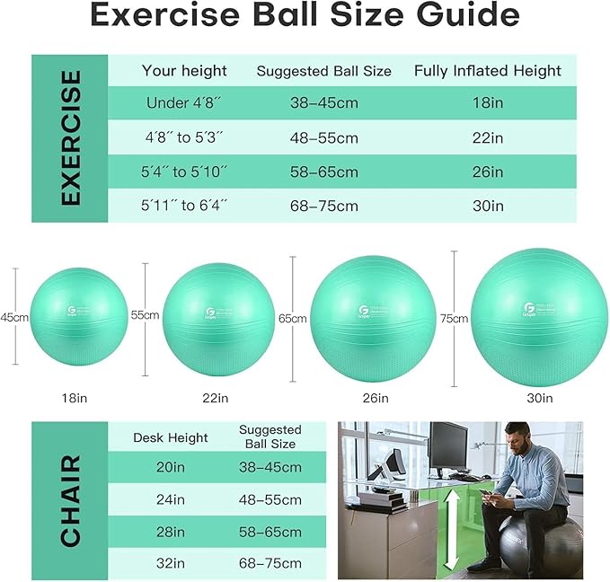Yoga Ball, 18-30 Inch Extra Thick Exercise Ball for Workout Fitness Balance, Anti Burst Chair for Home and Office Desk, Includes Hand Pump & Workout Guide Access