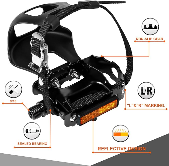 Bucklos Bike Pedals with Toe Cages and Straps - Bicycle Toe Clips Cage Compatible with Road Bike/Peloton/Mountian Bikes/MTB - Toe Clip Pedal for Wide Shoes Indoor Outdoor Cycling