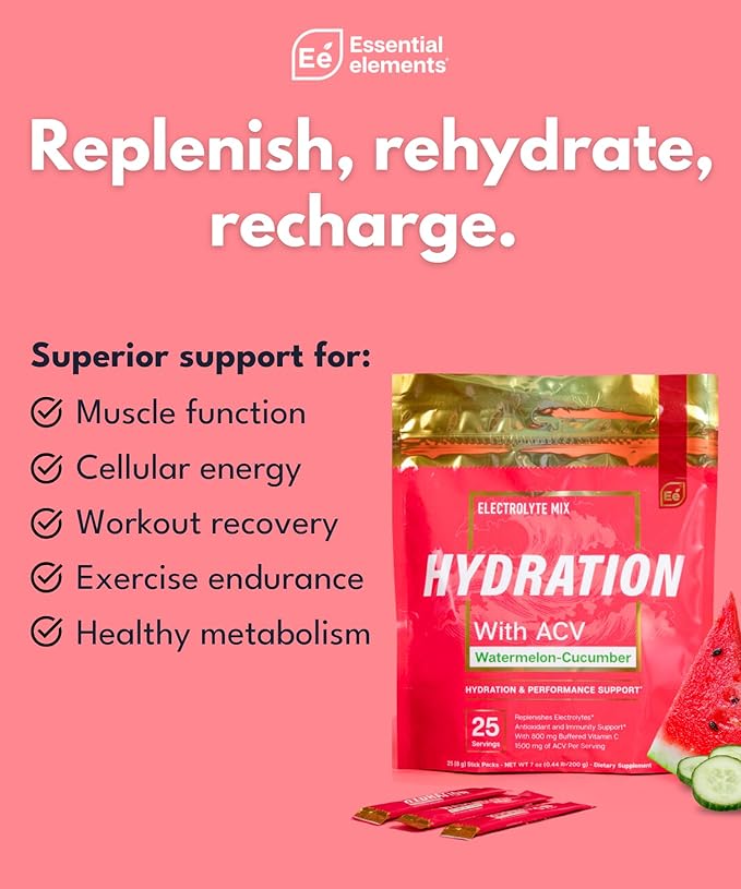 Essential Elements Hydration Packets - Watermelon Cucumber Pack - Sugar Free Electrolytes Powder Packets - 25 Stick Packs of Electrolytes Powder No Sugar - Hydration Drink - with ACV & Vitamin C