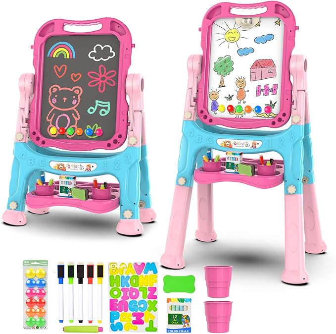 Amagoing Easel for Kids, Adjustable Standing Art Easel for Toddler, Double Chalk Drawing Board with Painting Accessories, Birthday Christmas Gift for Girls 3 4 5 Years Old