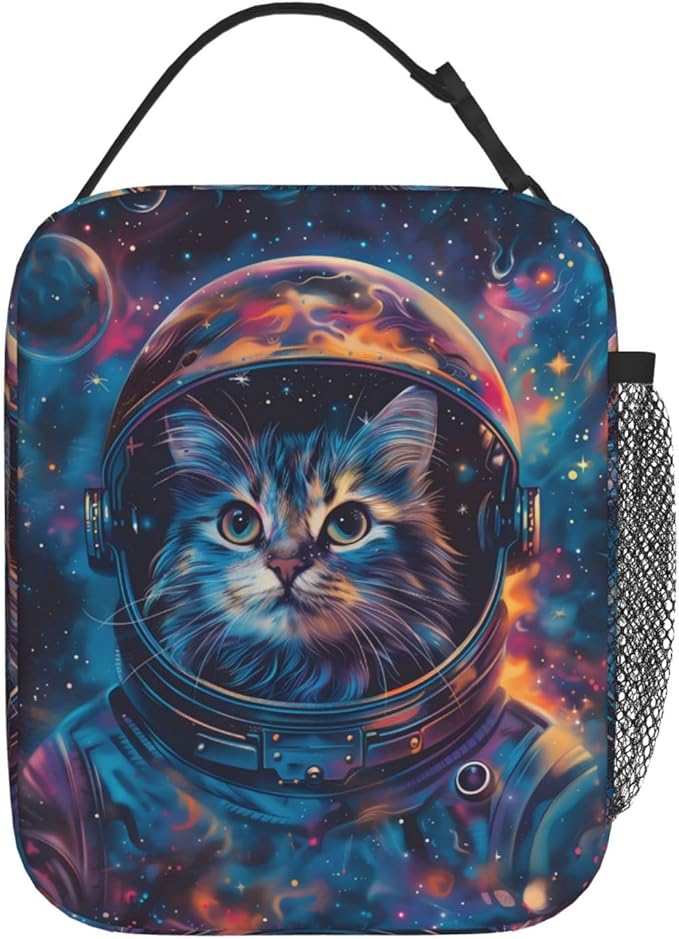 Cosmic Cat Polyester Lunch Box for Kids Teen,Cute Reusable Thermal Lunch Bag for Adult Women,Space Kitten Insulated Tote Cooler Bags for School,Work,Picnic,Travel,Captivating Galaxy Theme