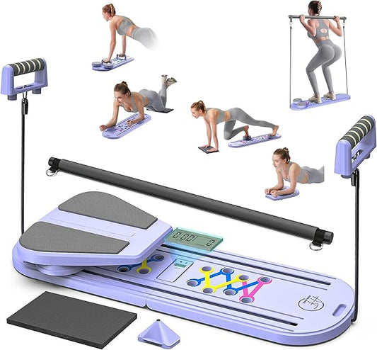 Foldable 5-in-1 Portable Pilates Board - at-Home Pilates Kit with Resistance Bands - Portable Pilates Reformer Sliding Fitness Platform for Abs, Core, Thighs & Full-Body Training (330 lb Capacity)