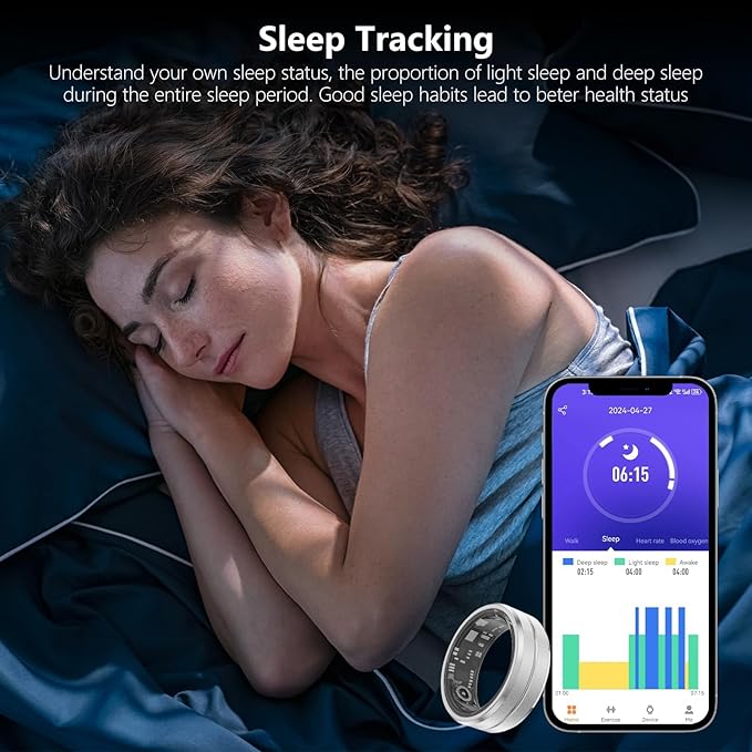 Fitness Tracker Smart Ring,Step Counter,Heart Rate Blood Oxygen Sleep Tracker Health Ring, 6ATM Waterproof Long Battery Life Smart Rings Compatible with iOS & Android （Silver US12）