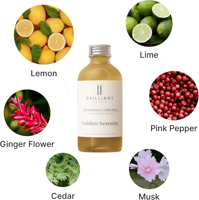 Golden Serenity Fragrance Oil 500ml - Premium Diffuser Oil for Home, Office, Hotels - Long Lasting, Plant-Based, Meets IFRA Standards, USA-Made - Mandarin, Tea Rose, Musk