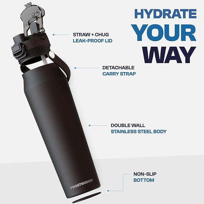 Frost Buddy 16oz Insulated Water Bottle with Straw & Chug Lid | Leak-Proof Stainless Steel | 24-Hours Cold | Sweat-Proof, Cup Holder Friendly | Ideal for Gym, Travel, Sports & Everyday Hydration