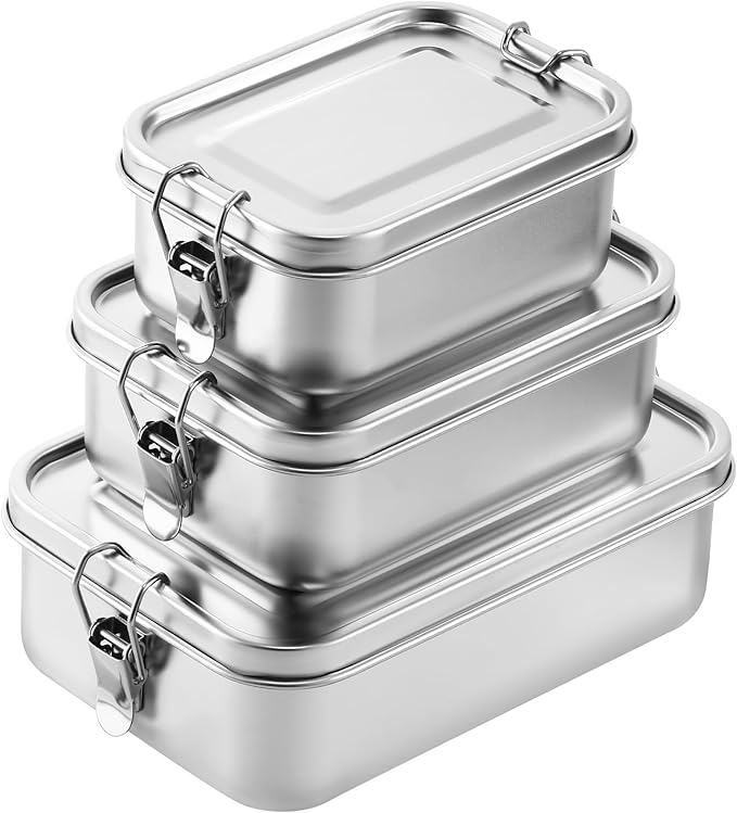 Umigy 3 Pcs Stainless Steel Food Containers Metal Bento Lunch Box Stainless Steel Food Storage Containers, Lockable Clips to Leak Proof, Reusable Dishwasher Snack Boxes for Work, Picnic (3 Sizes)