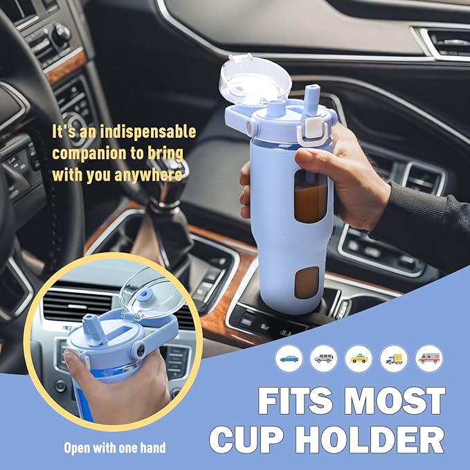 BLUEGO 32oz Glass Water Bottles with Straw Time Marker Half Gallon Large Motivational Water Bottle with Silicone Sleeve 2 Liter Large Glass Water Jug for Gym, Sports& Workout, Daily, Light Blue