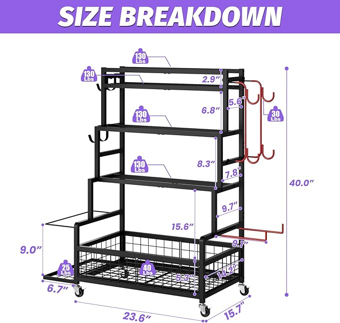 Dumbbell Rack,Home Gym Storage Rack,Total Weight Capacity 490 lbs,Weight Rack with Wheels/Strength Training Equipment Storage Rack with Hooks,Stores Dumbbells,Kettlebells,Yoga Mats
