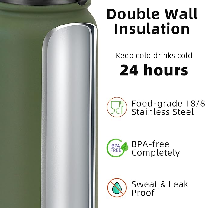 Fanhaw 32 Oz Stainless Steel Insulated Sports Water Bottles with Straw for Kids, Men and Women (Olive Green)