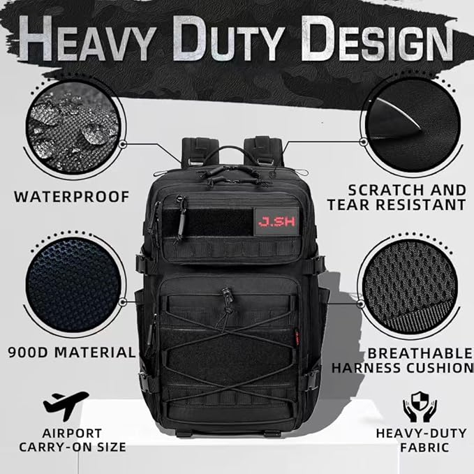 J.SH 45L Large Capacity 3-Day Tactical Backpack, Waterproof & Tear-Resistant, MOLLE System, Adjustable Straps (chest strap and waist strap), Hiking Backpack for Men & Women - Black