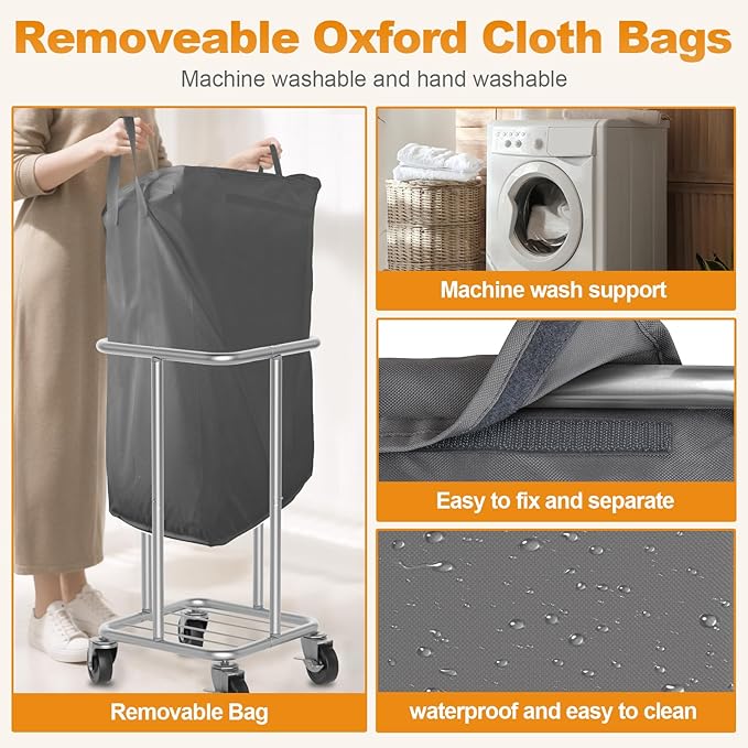 115L Laundry Basket with Wheels, 30 Gal. Rolling Laundry Hamper, Removable and Machine Washable Liner, Steel Frame, Tall Laundry Cart for Laundry Room, Bedroom, Bathroom, Dorm Storage -Gray