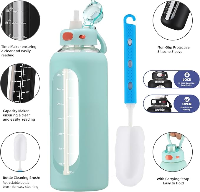 SIEROZUR 32 Glass Water Bottle with Straw and Handle Motivational Water Bottles with Silicone Sleeve and Time Marker Leakproof Borosilicate Water Bottle for Gym Home Office