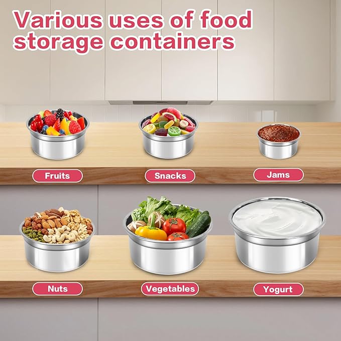 6 Pack Reusable Stainless Steel Snack Containers with Lids Set, Round Nesting Salad Dressing Container To Go, Metal Food Containers for Lunch Box Meal Prep (Size 38oz, 25oz, 12oz, 6.4oz, 3.8oz, 2.2oz)