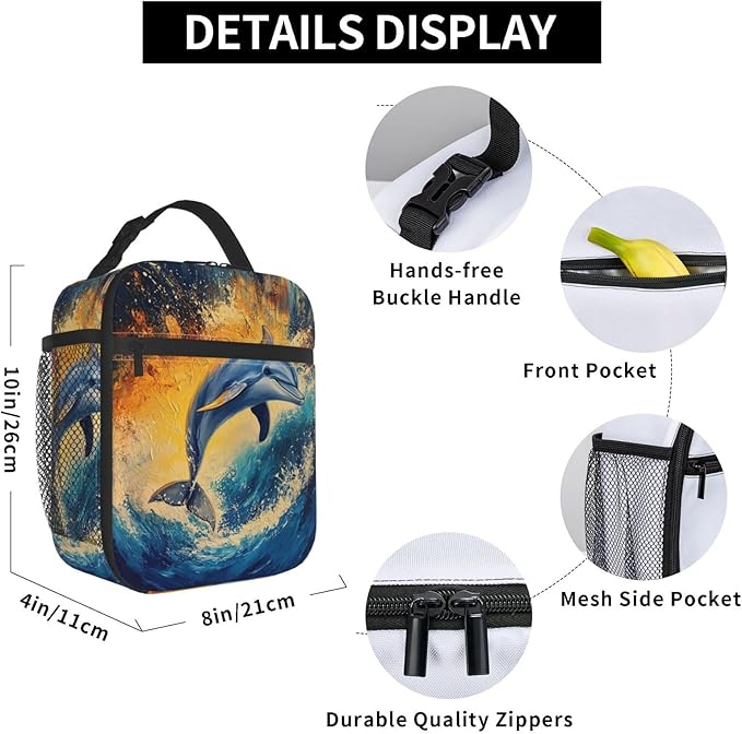 Dolphin Ocean Lunch Box for Women Men, Insulated Lunch Box Reusable Portable Lunch Bag Cooler Tote Waterproof Lunch Container for Office Picnic Work Travel