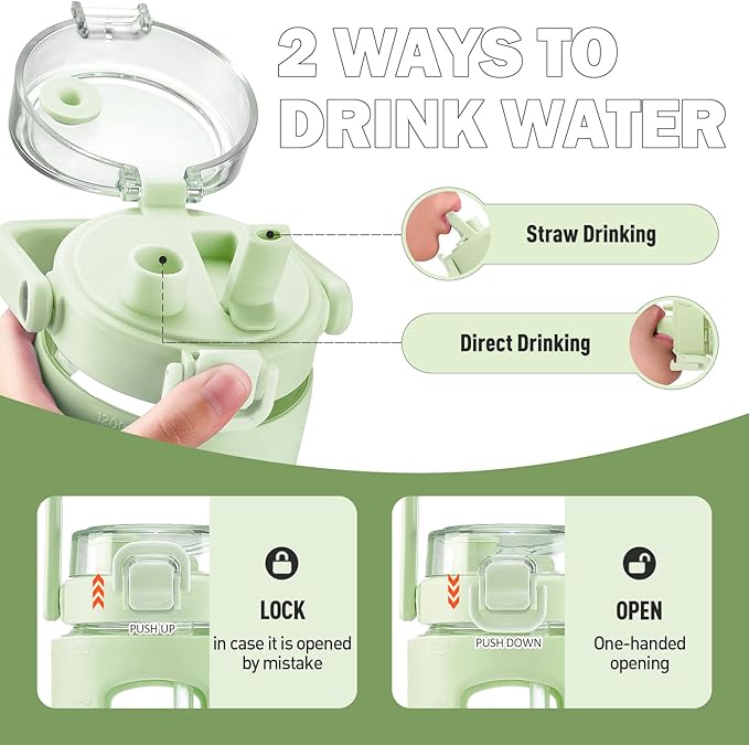 BLUEGO 40oz Glass Tumbler with Lid and Straw, Glass Water Bottles with Handle, Glass Cup with Time Marker and Silicone Sleeve, Fits Most Cup Holder, Leak-proof, Green