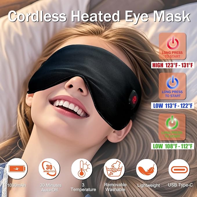 Rechargeable Cordless Heated Eye Mask for Dry Eyes - Adjustable Temperature Portable Eye Warm Compress for Migraines Styes Sinus & Sleep Ideal Gift for Men Women