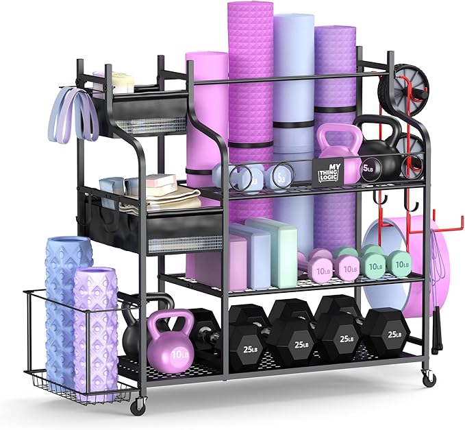 Mythinglogic Weight Rack for Dumbbells, Home Gym Storage for Yoga Mat Dumbbells Kettlebells and Strength Training Equipment, Dumbbell Rack with Wheels and Hanging Hooks