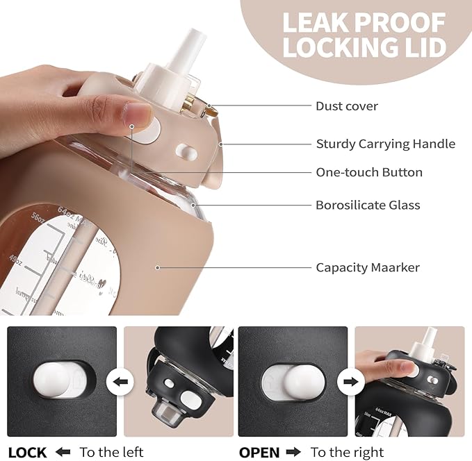 SIEROZUR 42 oz Glass Water Bottle with Straw and Handle, Large Sports Motivational Water Bottle Flask with Time Marker Leakproof Water Jug with Silicone Sleeve for Gym