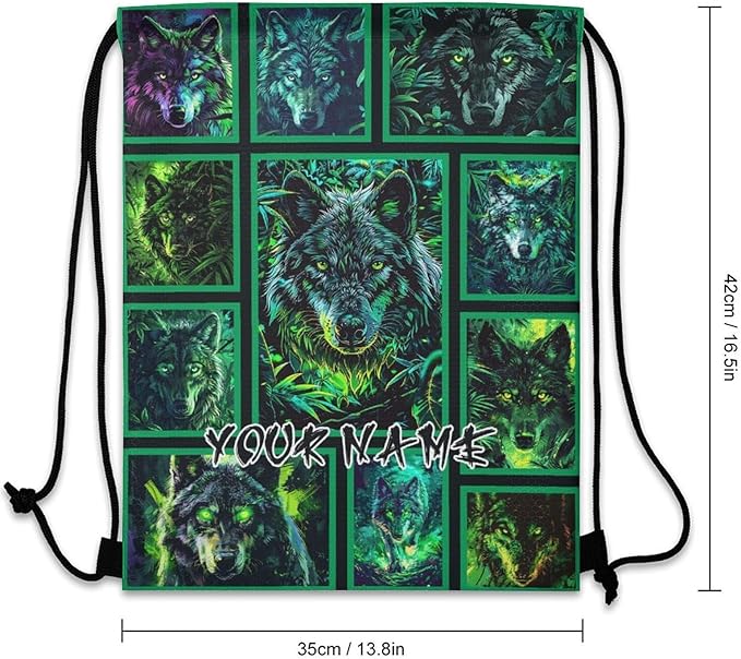 Custom Wolf Drawstring Backpack - Cute Cinch Sack, String Backpacks for Women Men Kids Boys Girls for Gym Outdoor Sports Travel Athletic Drawstring Bag - Lightweight/Foldable