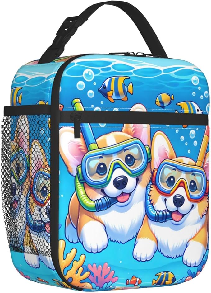 Cute Dog Lunch Box for Kids,Puppy Insulated Bag for Student,Pet Lovers Reusable Thermal Insulation Cooler Tote Bags for School Work Picnic Camping Outdoor Gifts (Corgi Diving)