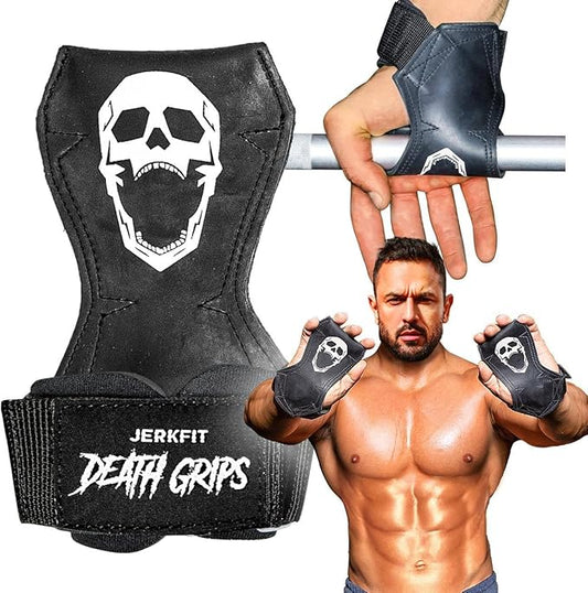 JerkFit Death Grips Premium Lifting Straps - Car Tire Grade Rubber PVC Wrist Straps for Shrugs, Pull Ups & Deadlifts with Neoprene Padded Support