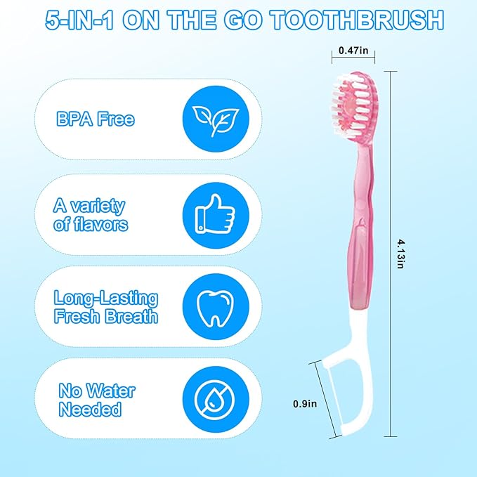 5 in 1 Toothbrush & Floss, 26Pcs mini toothbrushes with Toothpaste, All in one Oral Care on The go, 5 in 1 mini Brush, Toothpaste and Floss, Disposable Travel Toothbrush Set (3)
