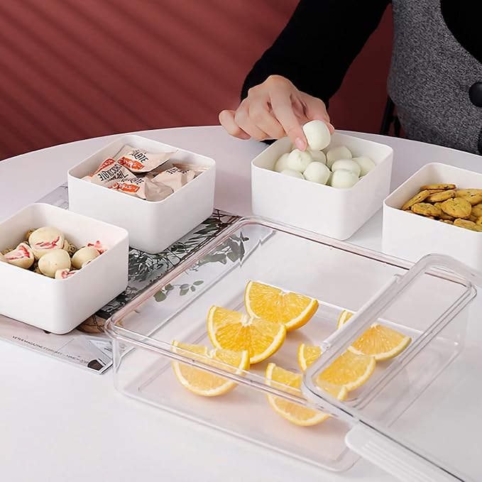 MineSign Divided Serving Tray with Lid for Veggie Charcuterie Container Portion Control Salad Keeper with 4 Removable Boxes Stackable Refrigerator Organizer Bins Food Storage Organizer Produce Saver