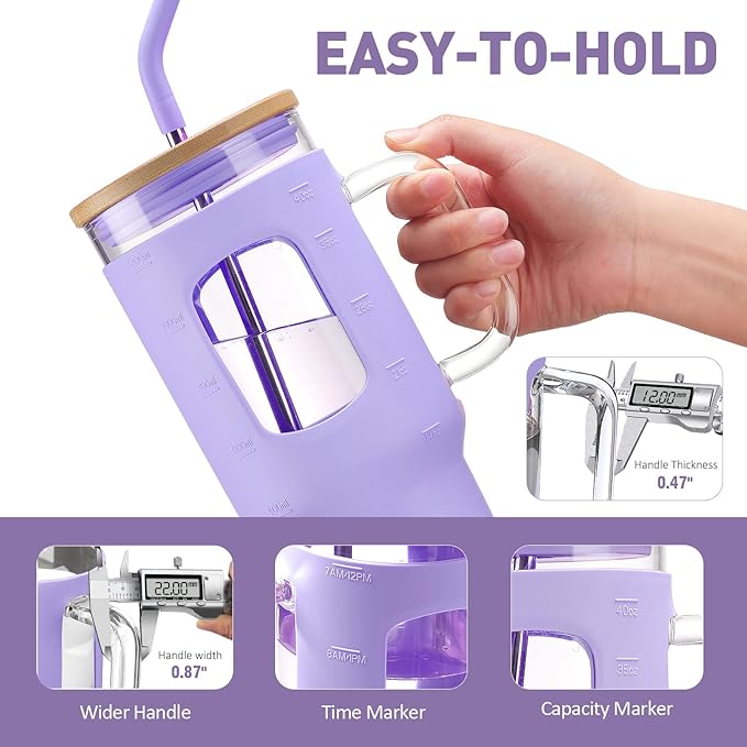 Glass Tumbler with Straw and Lid, 40 oz glass cup with handle, Glass Water Bottles with Time Marker, Silicone Protective Sleeve-Purple