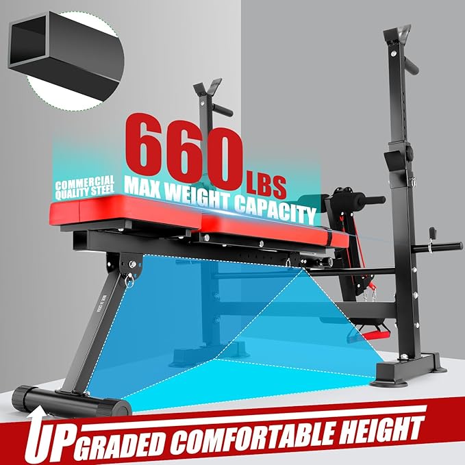 OPPSDECOR 8-in-1 Foldable Weight Bench Set with Squat Rack, Adjustable Bench Press Home Gym System for Full-Body Workout, Flat Incline Decline Sit Up Bench with Removable Foot Catch & Elastic Ropes