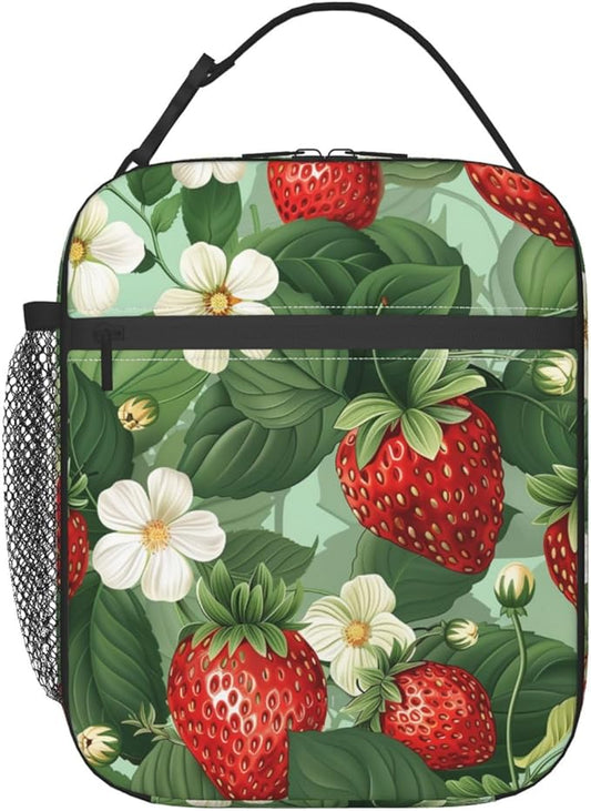 Fresh Strawberry Pattern Insulated Lunch Box Gifts for Girls Women Kids Adults Red Berry Fruit Design Reusable Portable Lunchbox Cooler Lunchbag for Work Picnic School Travel or Hiking