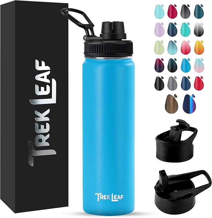 Travel Water Bottle with 3 Lids (Spout, Straw, Flip) Leak Proof, Quality, Vacuum Insulated, Stainless Steel (Ocean Blue, 22 oz)