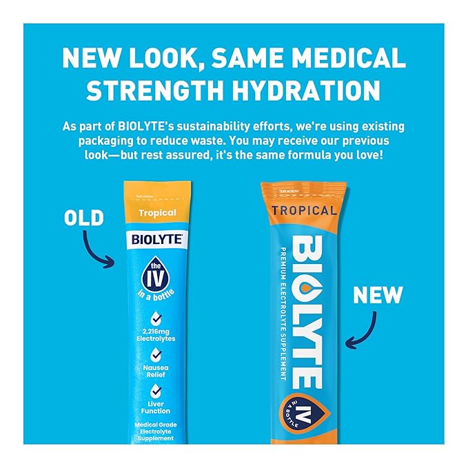 BIOLYTE IV Electrolyte Powder Packets, IV Liquid Drink Mix for Water, Doctor-Developed Hydration, HSA & FSA Approved Dehydration Relief, Chemotherapy Must Haves for Women & Men - Tropical (16 Sticks)