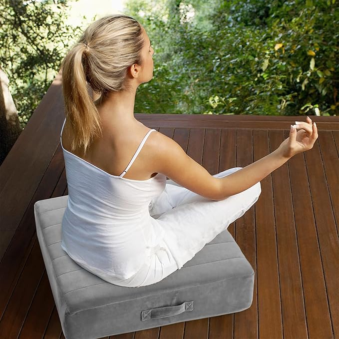 MeMoreCool Square Floor Pillow for Adults and Kids, Large Meditation Cushion with Thick Foam and Washable Tufted Cover, 24-Inch Grey Seat for Sitting and Yoga