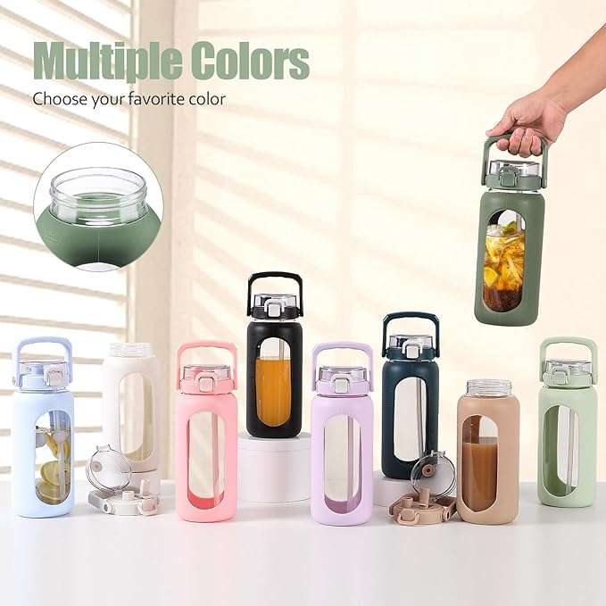 BLUEGO 64oz Glass Water Bottle with Handle and Straw, Motivational Sports Water Bottle with Time Marker and Silicone Sleeve Leakproof Drinking Bottle for Travel Gym Workout, Olive