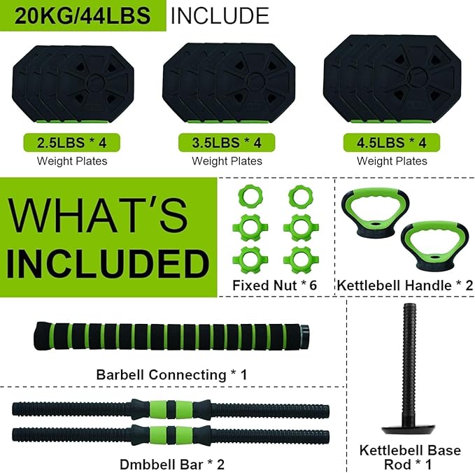 Dumbbell Set 44lbs Free Weights Set with Connector 4 In1 Weights Dumbbells Set Barbell Kettlebells Push Up Stand for Home Gym Green One Size