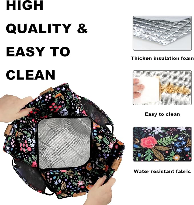 Joymee Lunch Bag Women, Leakproof Insulated Floral Lunch Box with Adjustable Shoulder Strap Large Reusable Adult Lunch Box Lunch Tote Lunch Bag with Water Bottle Holder and Side Pockets-Multi-Floral