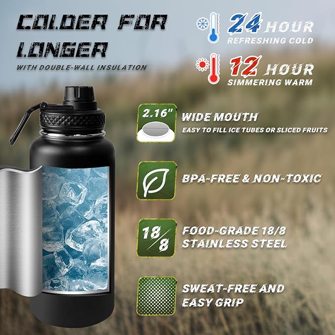 32 Oz Insulated Water Bottle - Stainless Steel Metal Military Black Water Jug with Sleeve, Gym Water Bottles for Men Sports Workout Hiking with Black Water Bottle Pouch