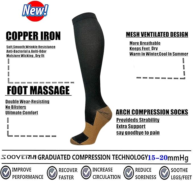 Graduated Copper Compression Socks for Men & Women Circulation 8 Pairs 15-20mmHg - Best for Running Athletic Cycling